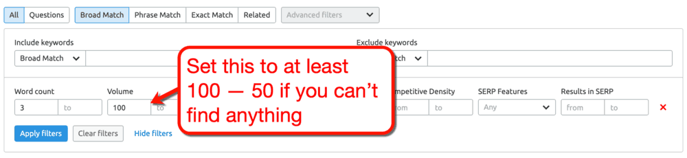 SEMrush Keyword Magic Tool Volume Filter
