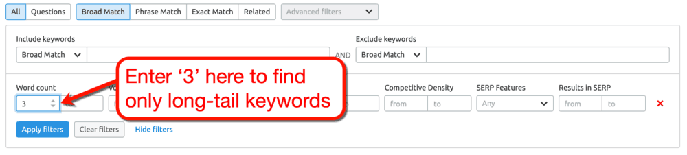 SEMrush Keyword Magic Tool Word Count Filter
