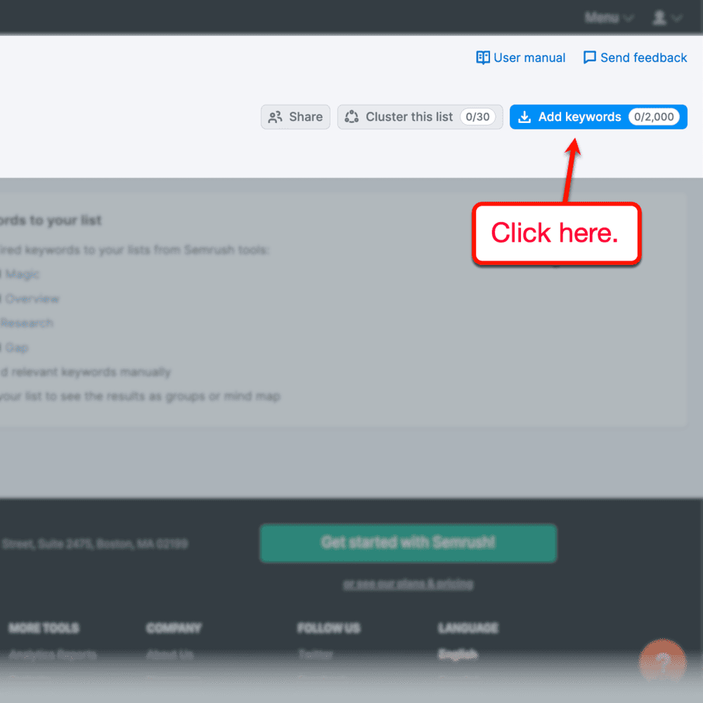 Semrush keyword manager "add keywords" button