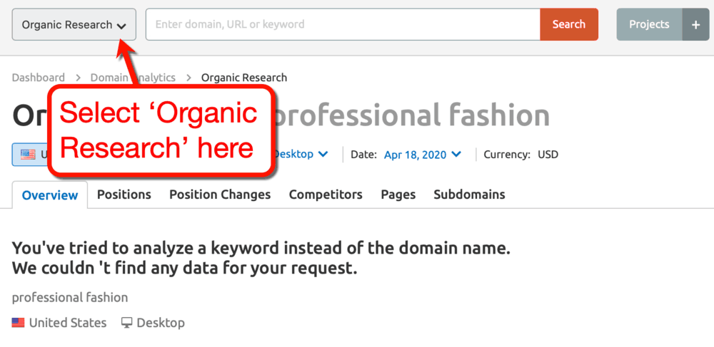 SEMrush Organic Research from Search Bar