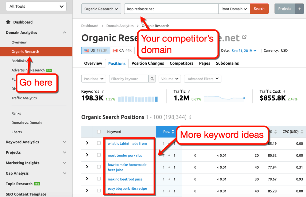 SEMrush Organic Keywords Page