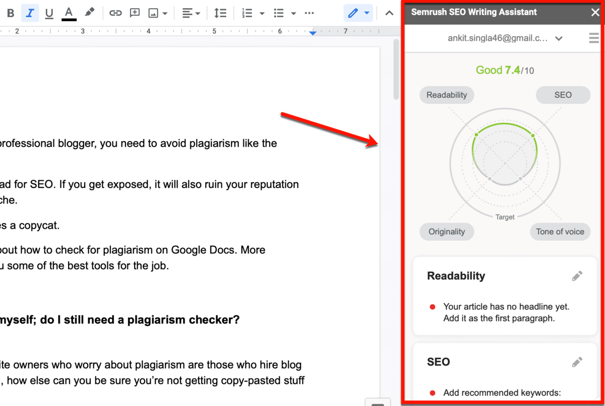 SEMrush SEO Writing Assistant Sidebar