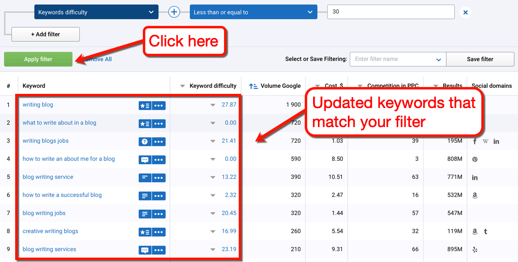 Serpstat Apply Filter Results