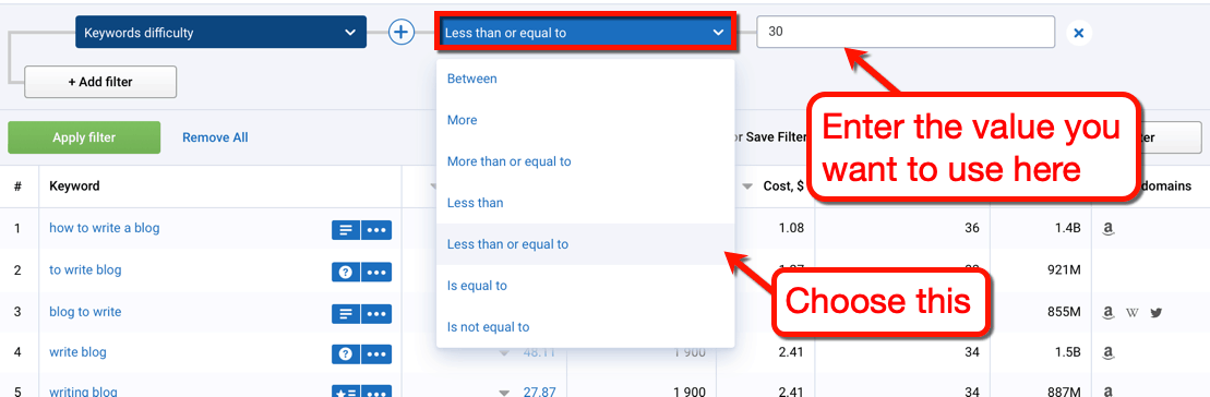 Serpstat Filter Condition