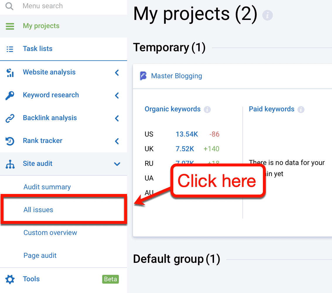 Site Audit All Issues Link