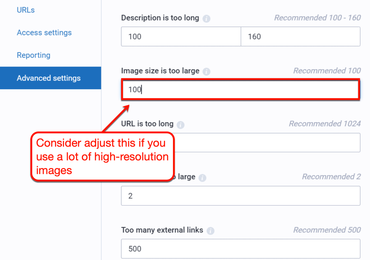 Site Audit Image Size Settings