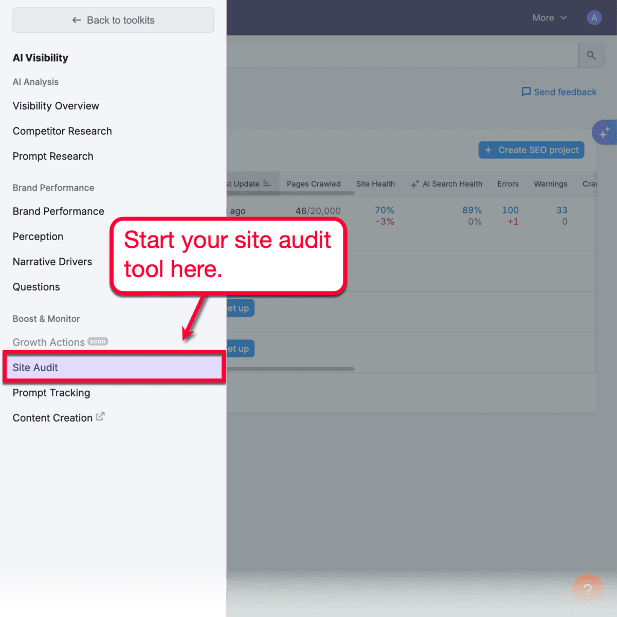 Site Audit Tool Menu