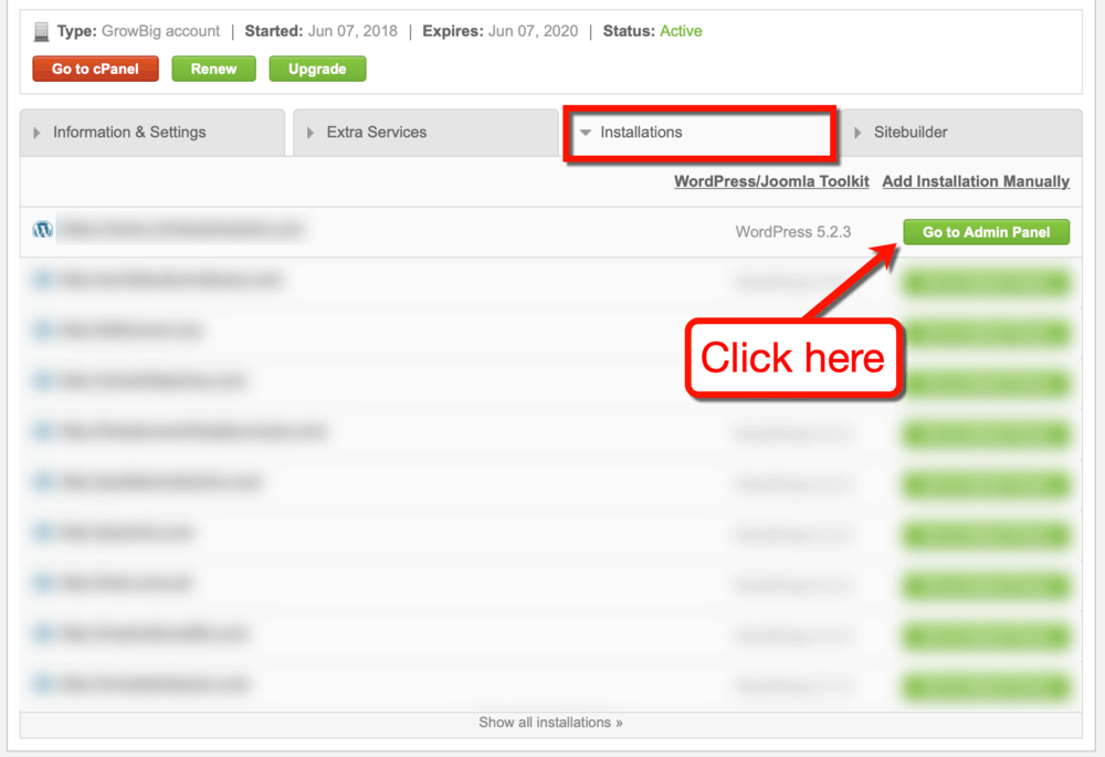 SiteGround Go to Admin Panel
