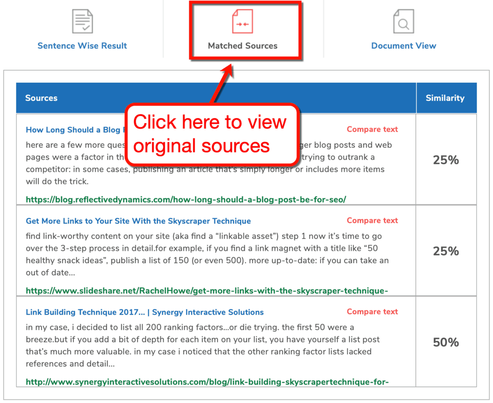 SmallSEOTools Matched Sources View