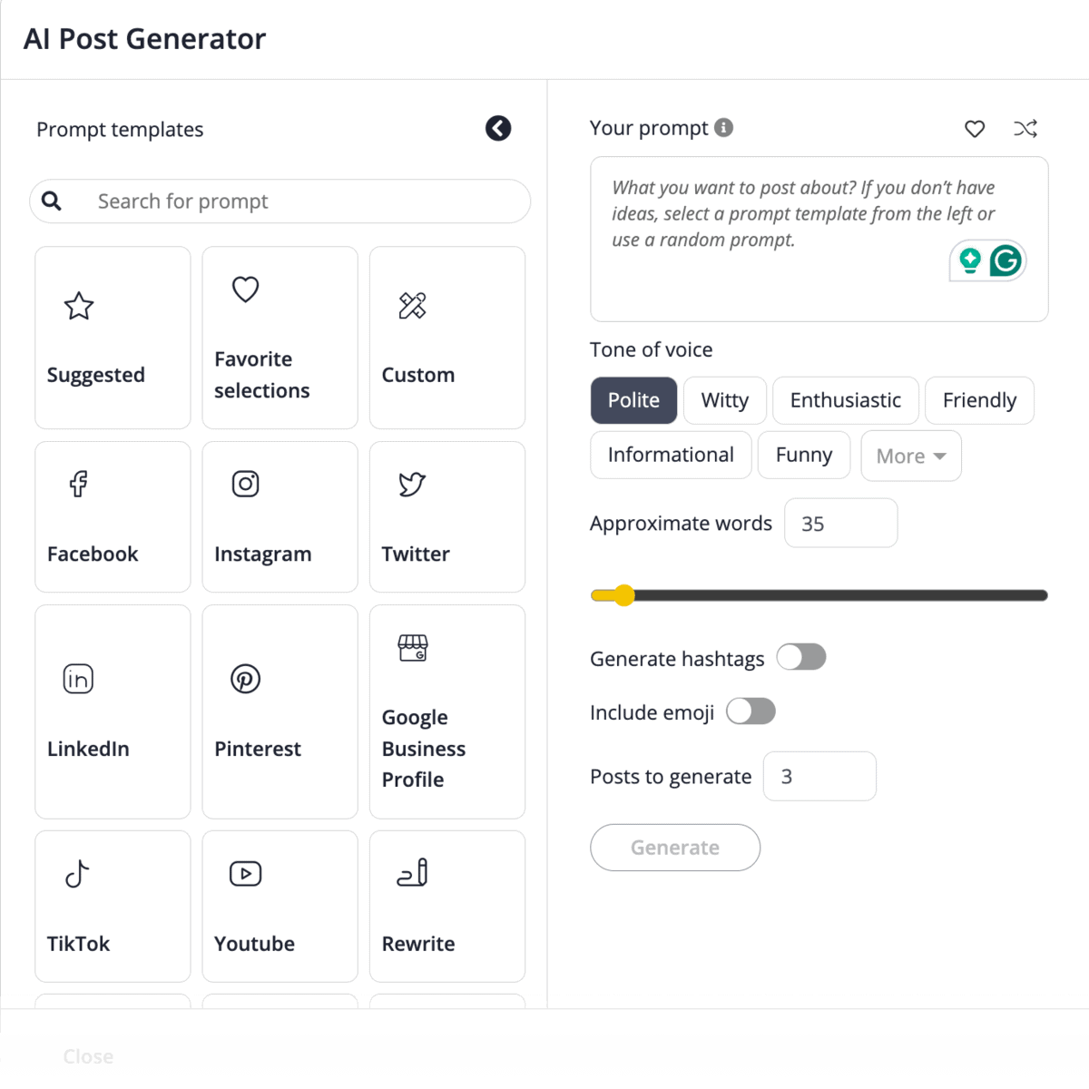 SocialBee AI Post Generator Interface
