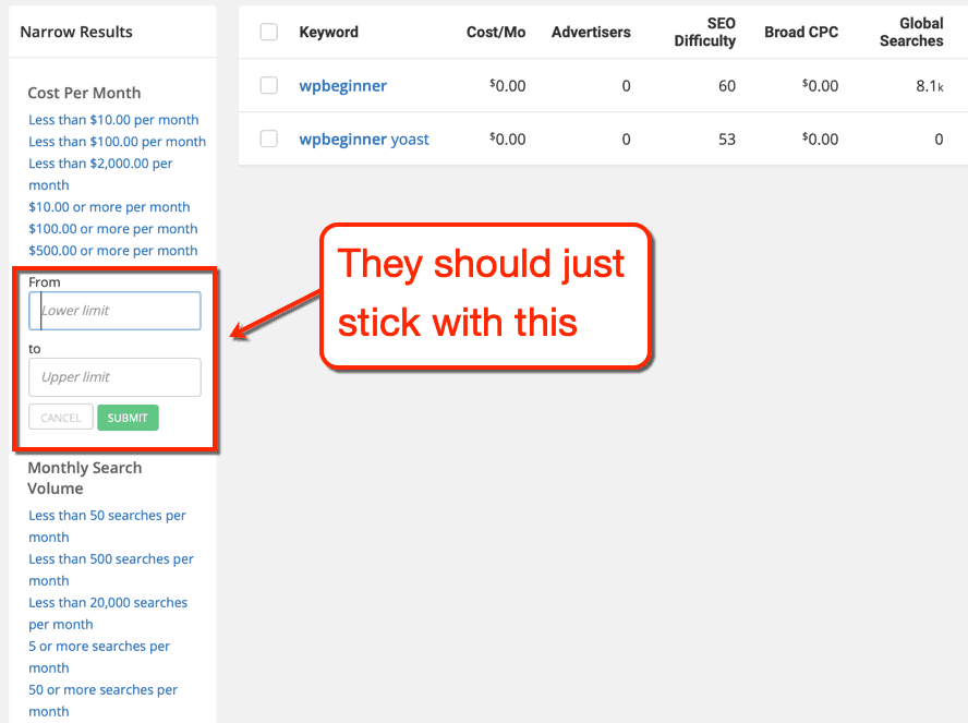 SpyFu Related Keyword Filters