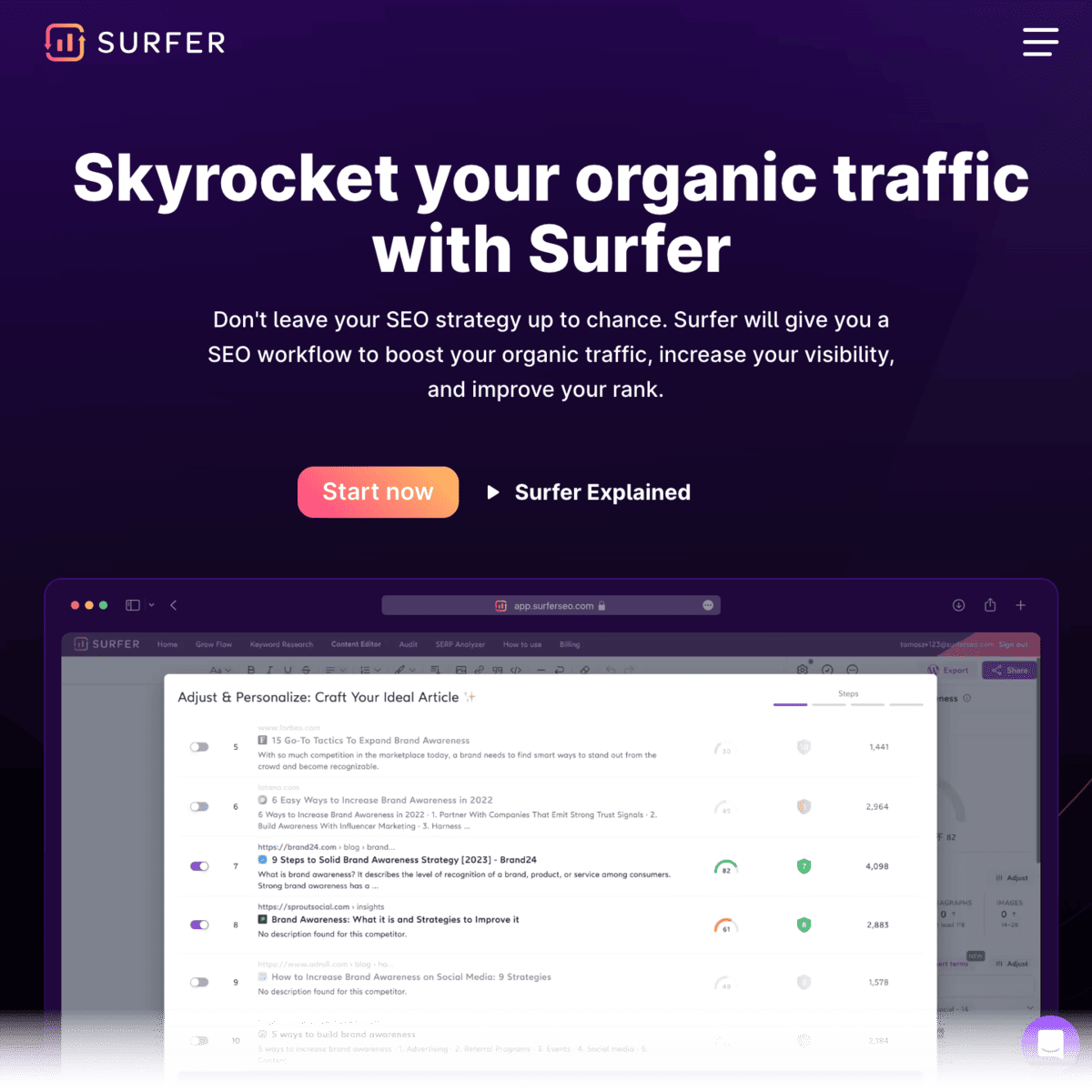 SurferSEO landing page
