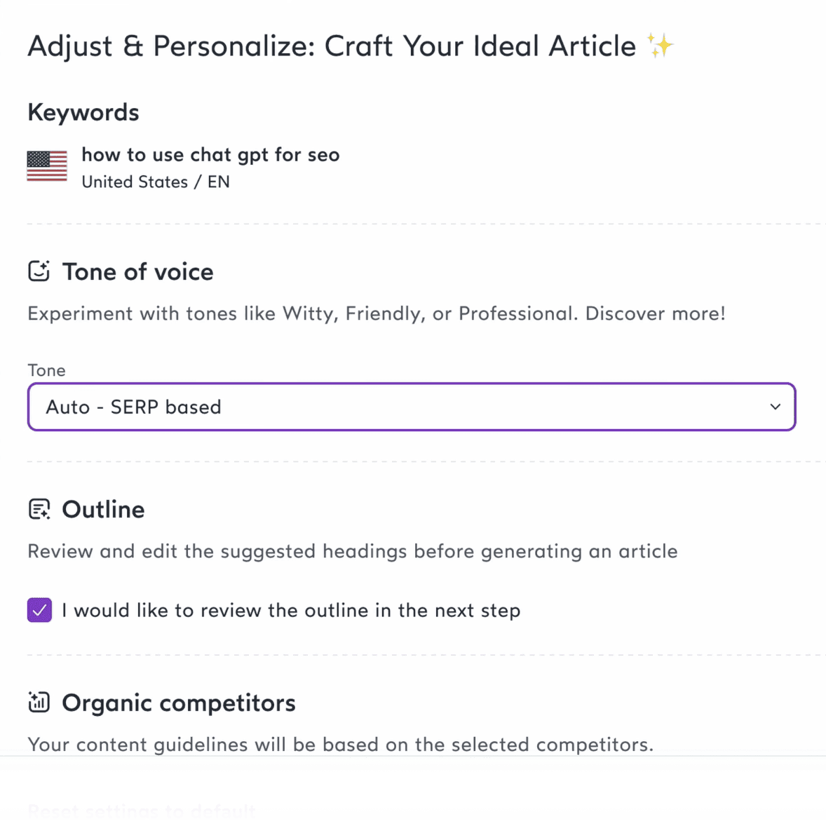 Surfer AI content generator main configuration page