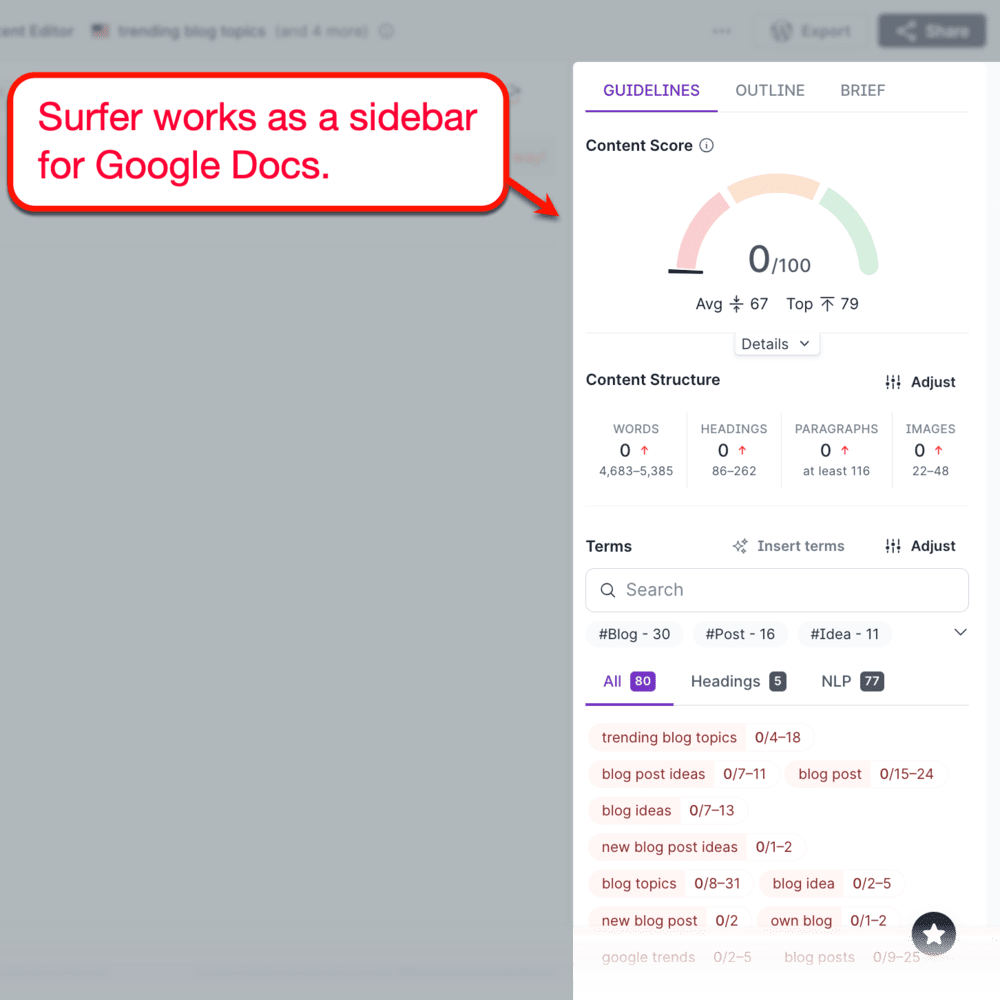 Surfer Google Docs sidebar