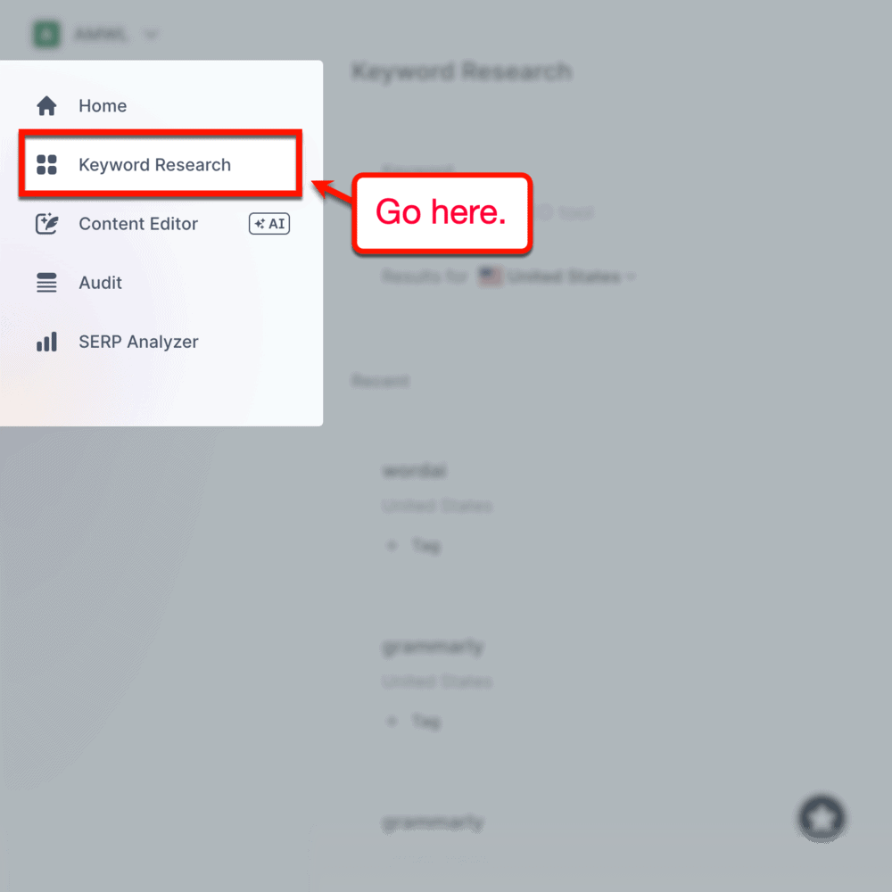 Surfer keyword research tool from the main menu