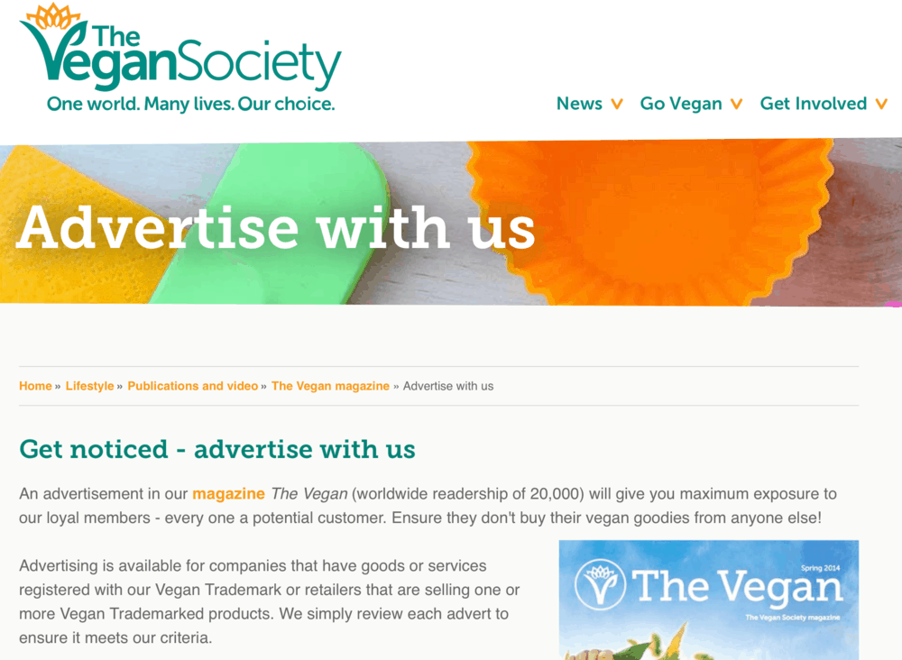 The Vegan Society's Advertise with Us Page
