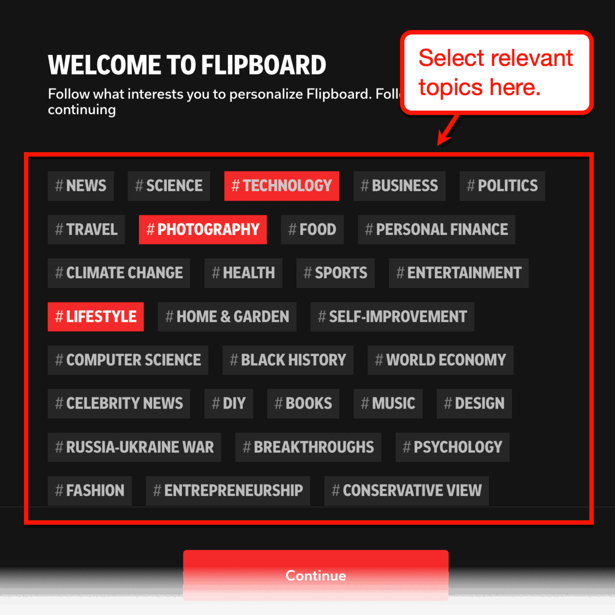Flipboard welcome page.