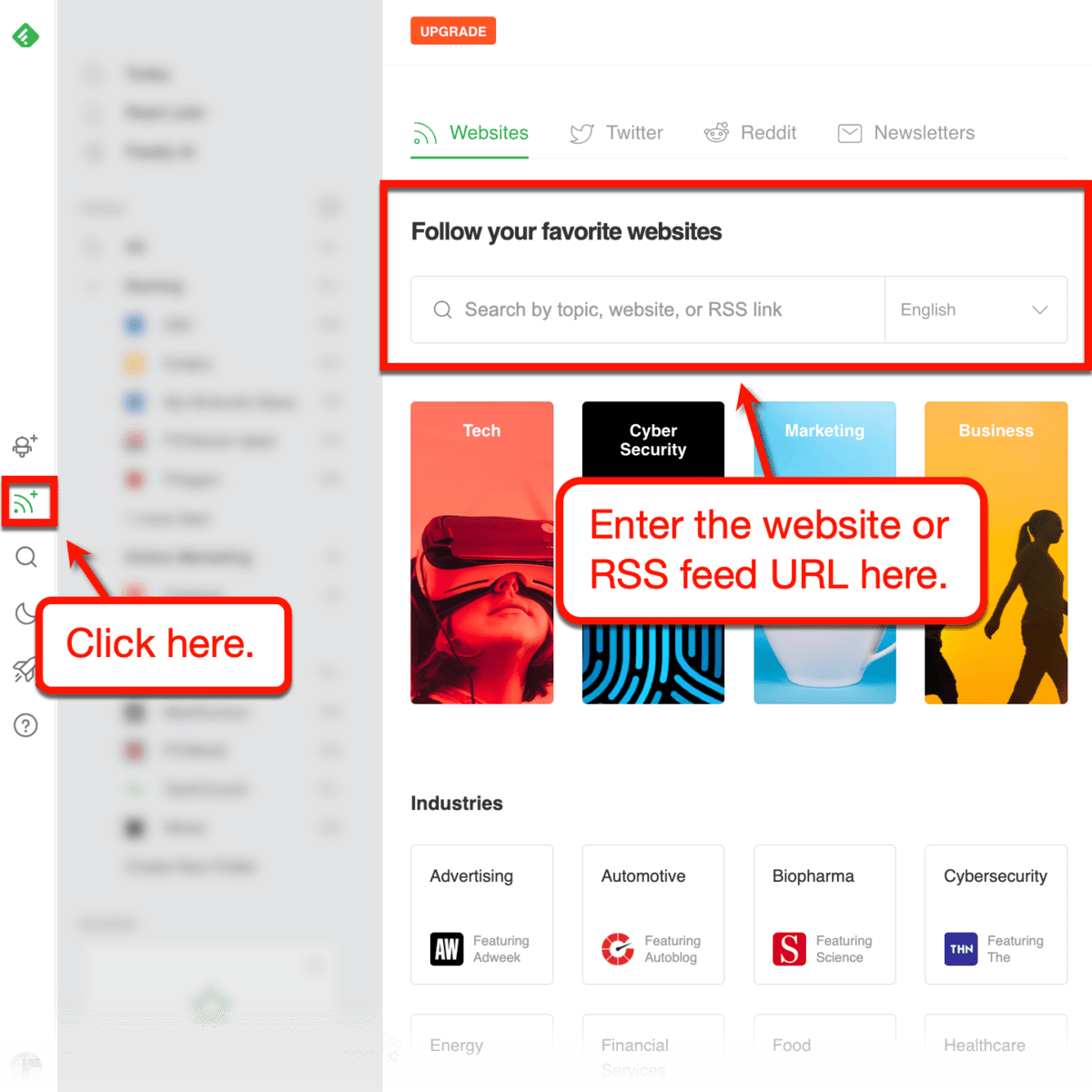 Feedly RSS feed URL form.