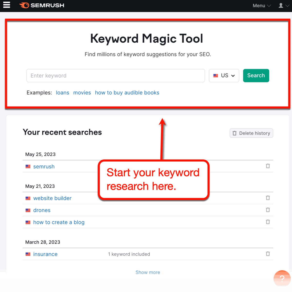 Semrush Keyword Magic Tool main start page.