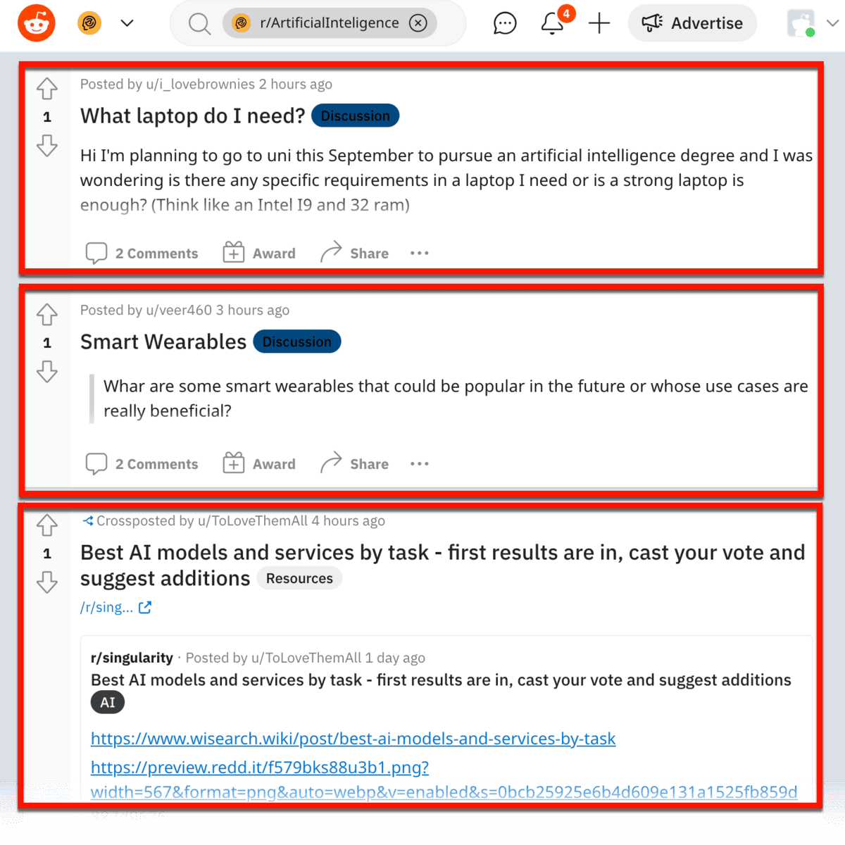 Reddit Artificial Intelligence Gateway group posts.