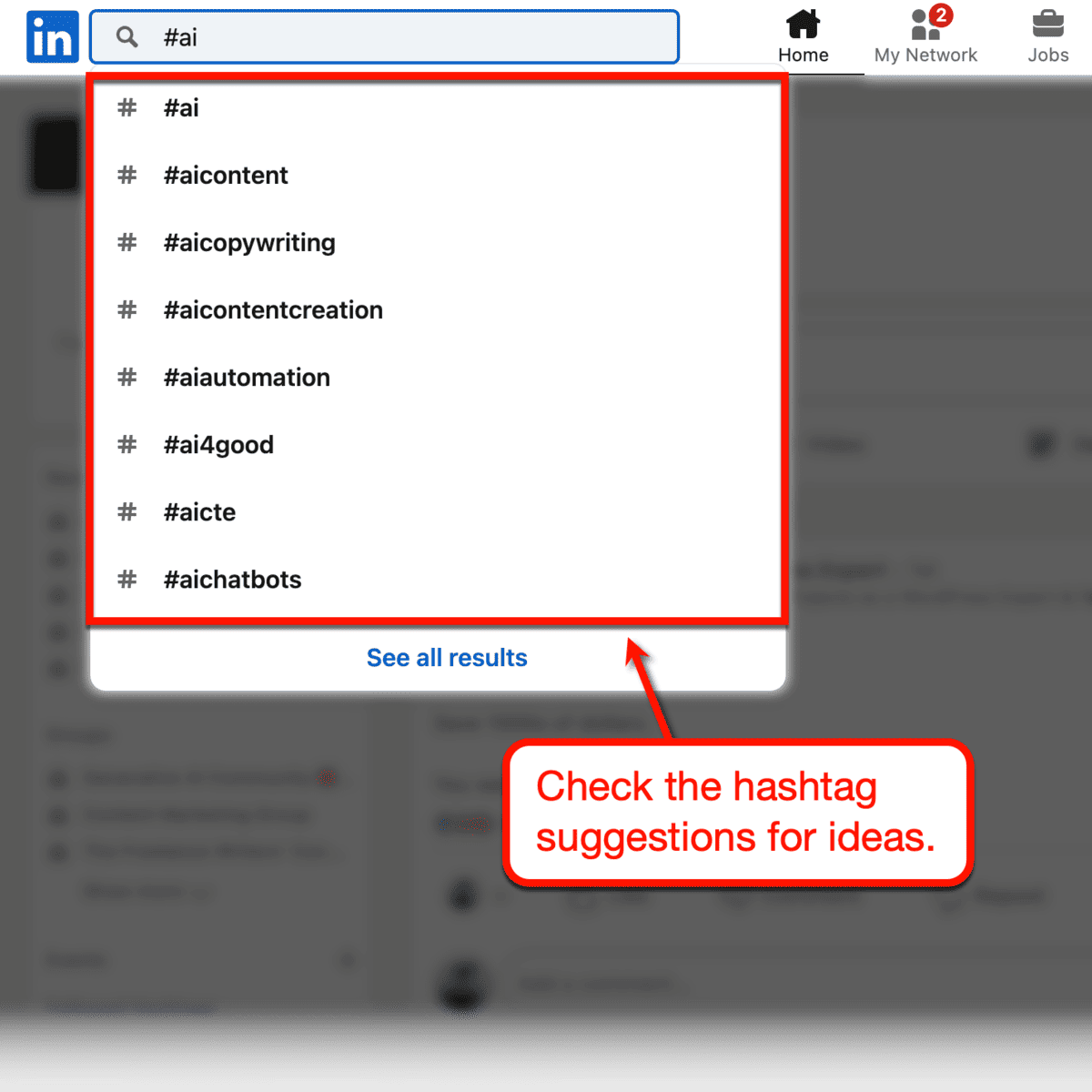 LinkedIn search bar for the hashtag "#AI"