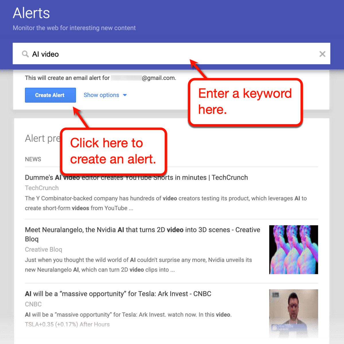Google Alerts form using the keyword "AI video."
