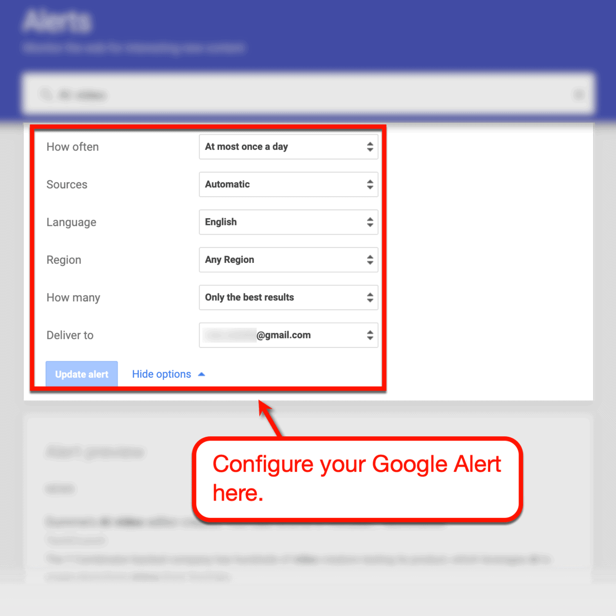 Google Alerts configuration page.