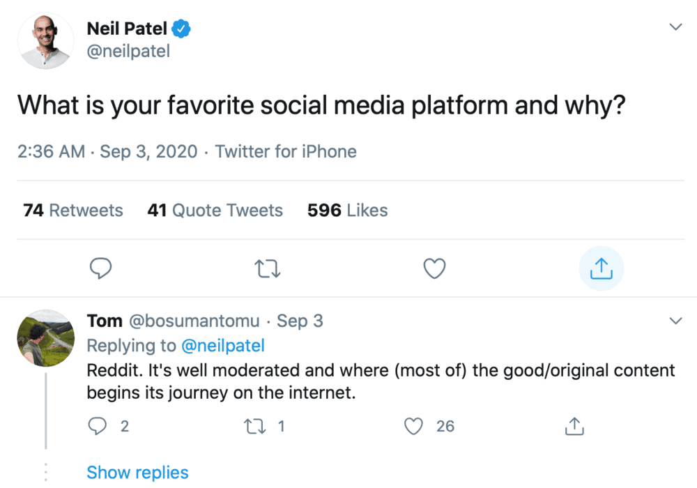 Twitter question by Neil Patel