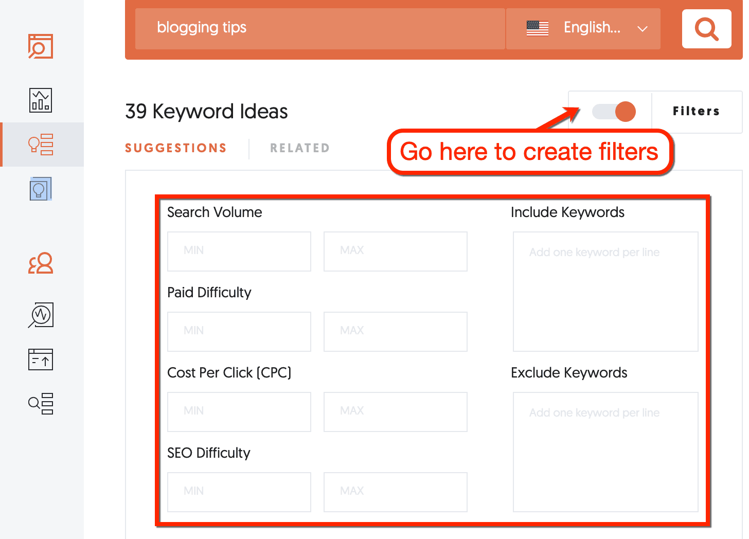 ubersuggest create filters