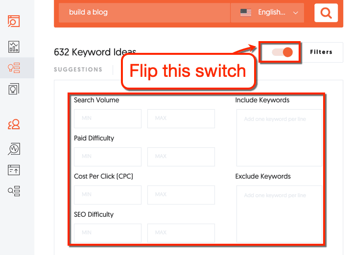 Ubersuggest Filter Options