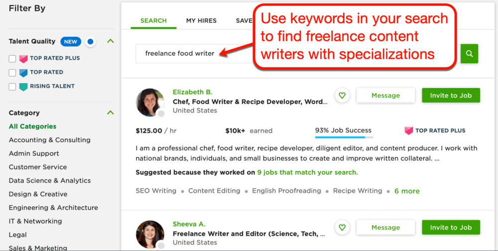 Searching for freelance food writers on Upwork