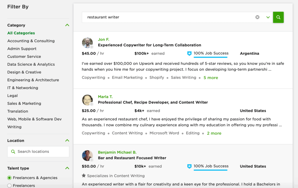 Restaurant writers on Upwork