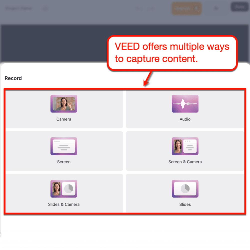 VEED content capture options