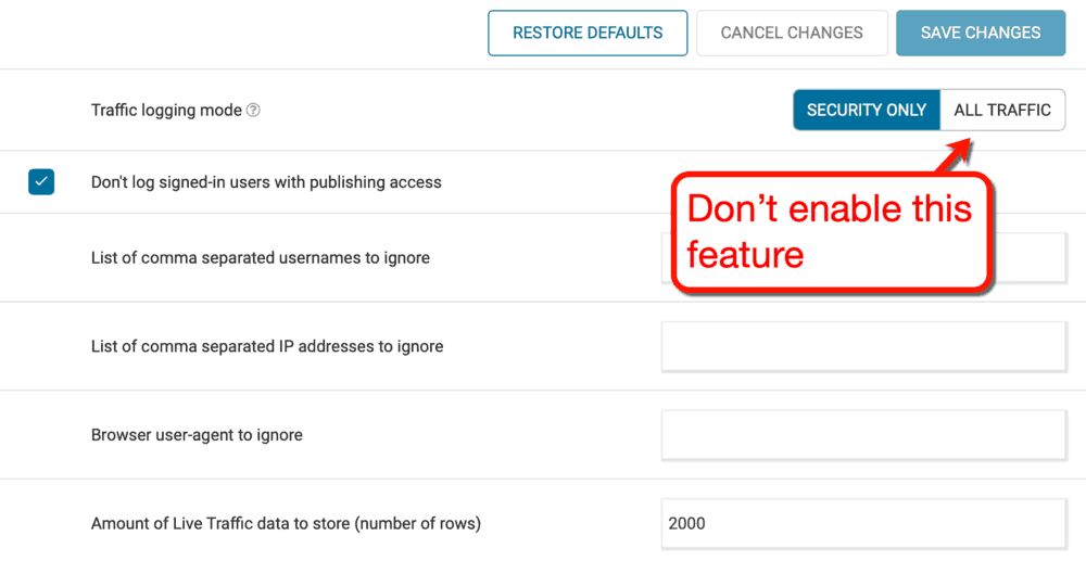 Wordfence Live Traffic Settings