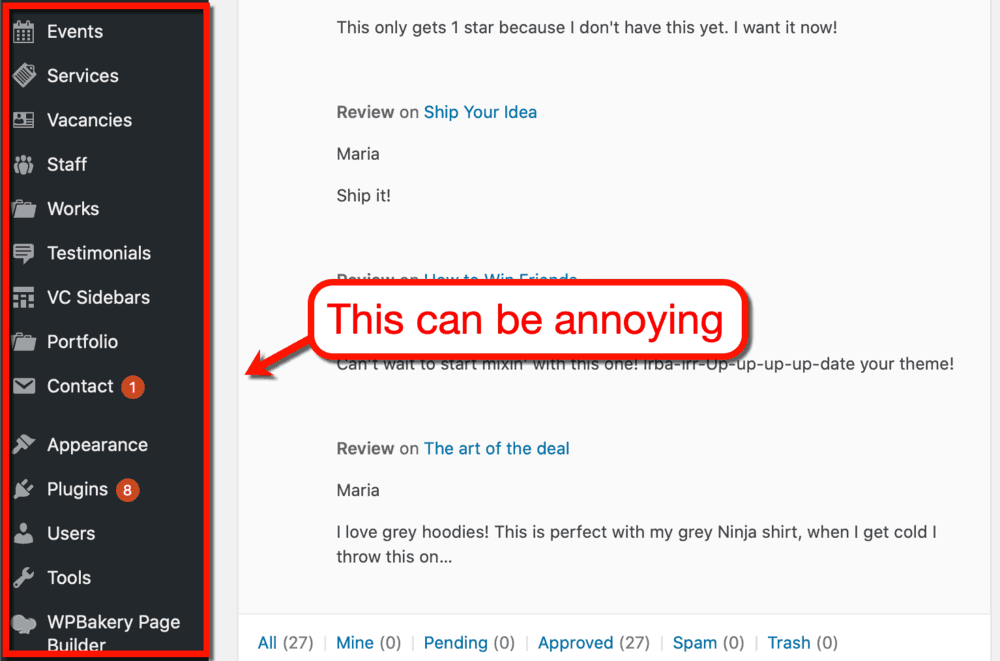 What a Cluttered WordPress Dashboard Looks Like