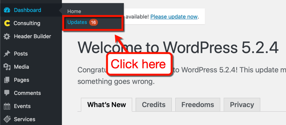 WordPress Updates Menu
