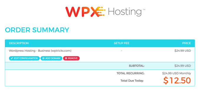 WPXHosting Order Summary