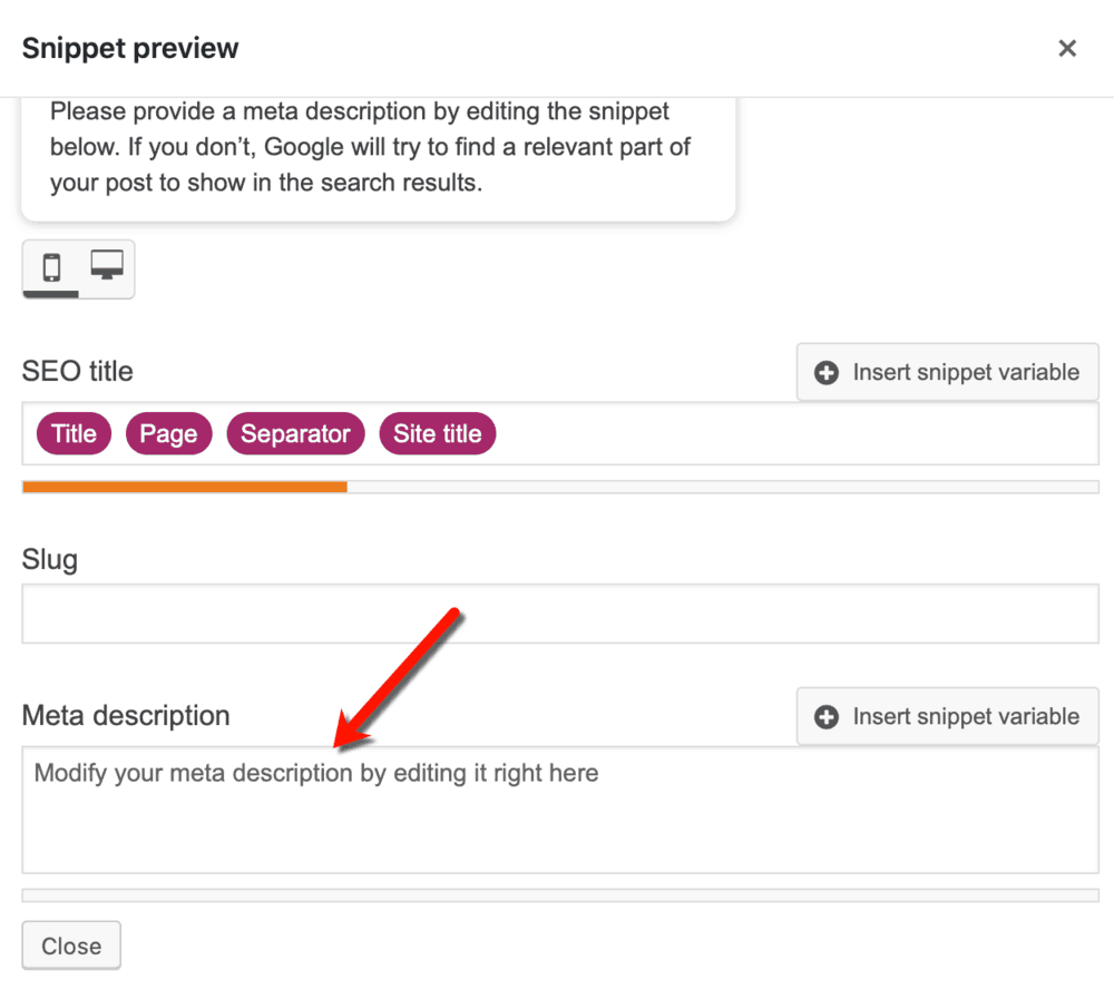 Yoast Meta Description Field