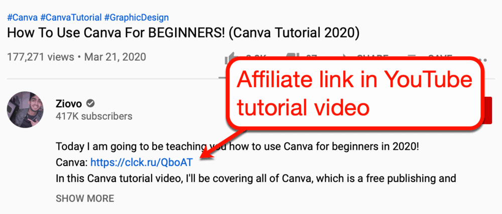 Affiliate link on a YouTube tutorial video