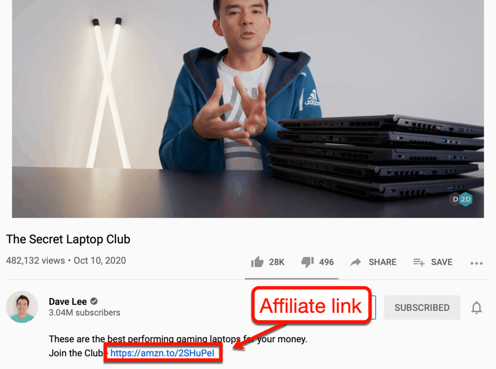 Affiliate link on YouTuber David Lee's video