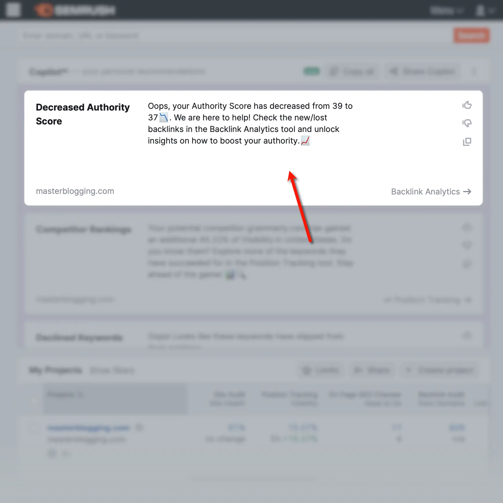 Semrush Decreased Authority Score Report