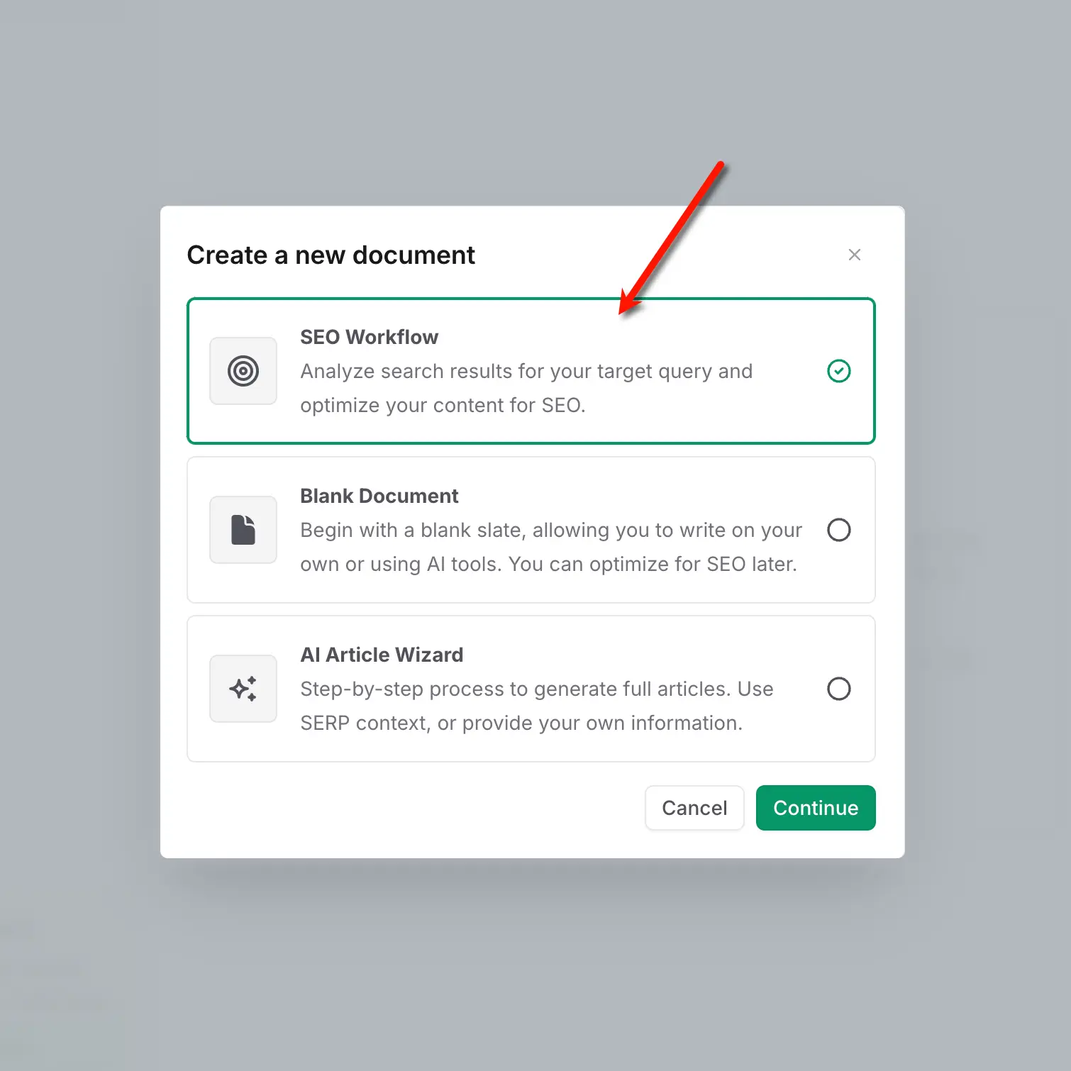 Frase Create New Document Options