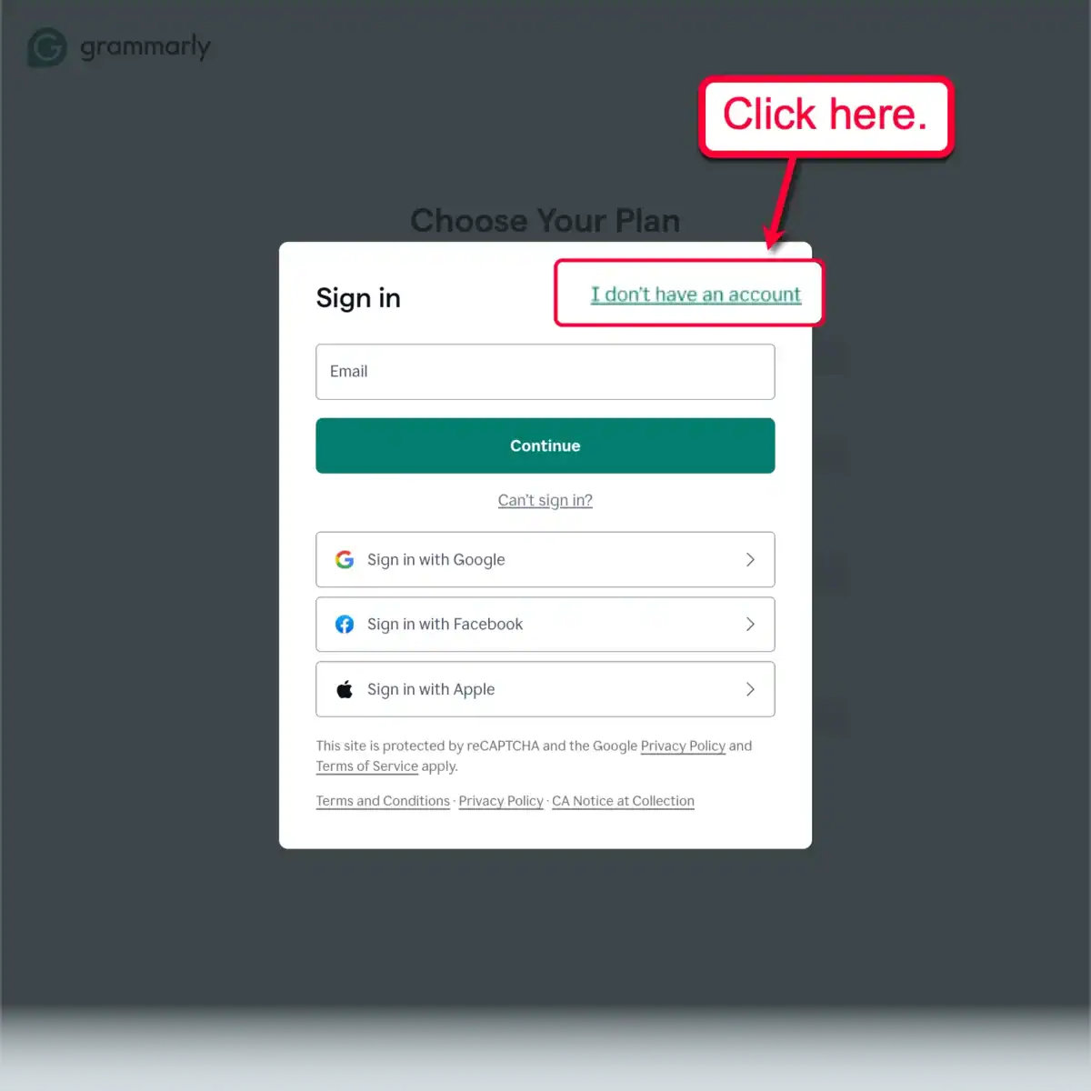 Grammarly 'I don't have an account' button