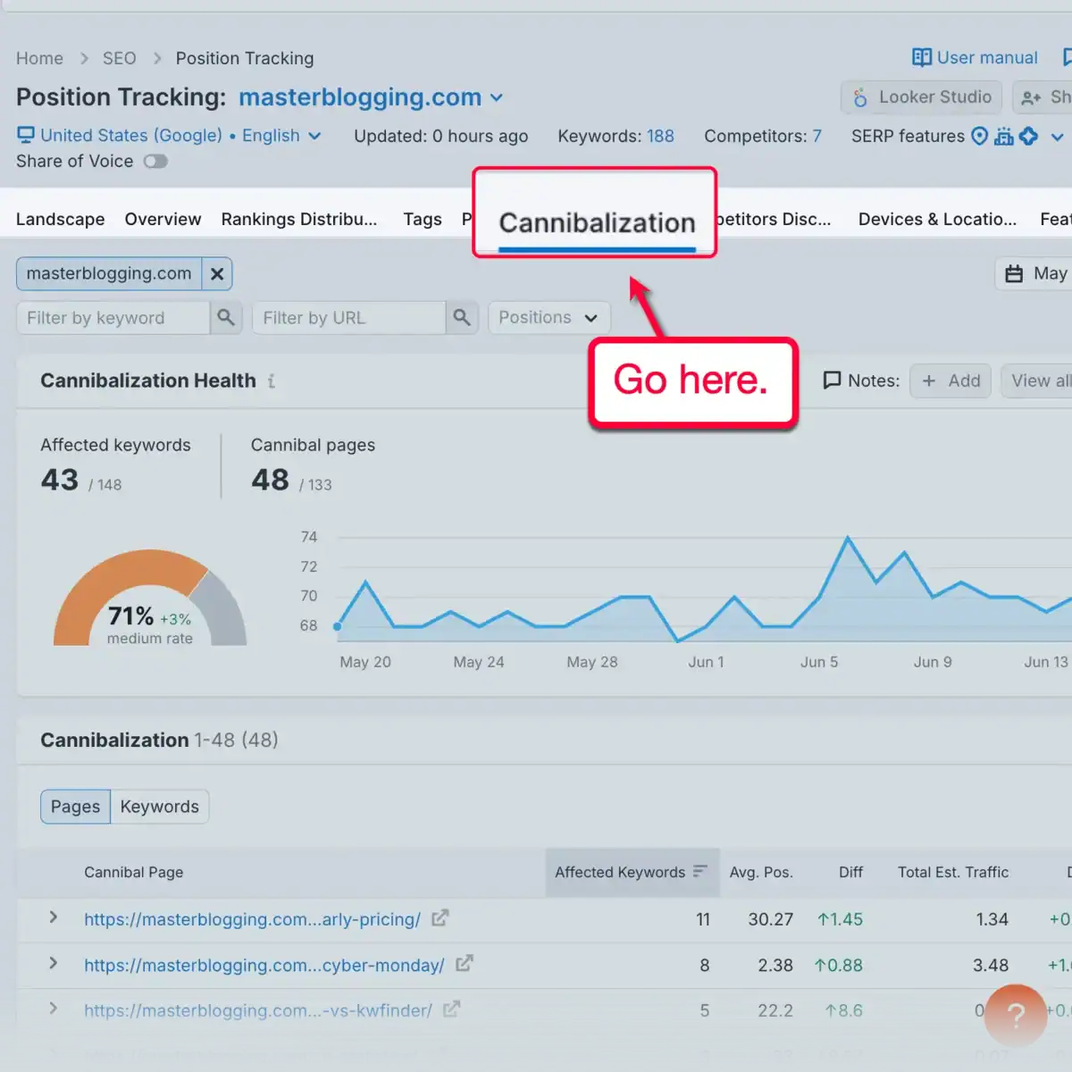 Position Tracking Keyword Cannibalization Tab