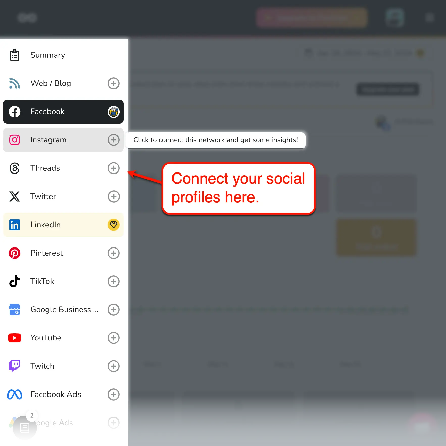Metricool Profiles Menu