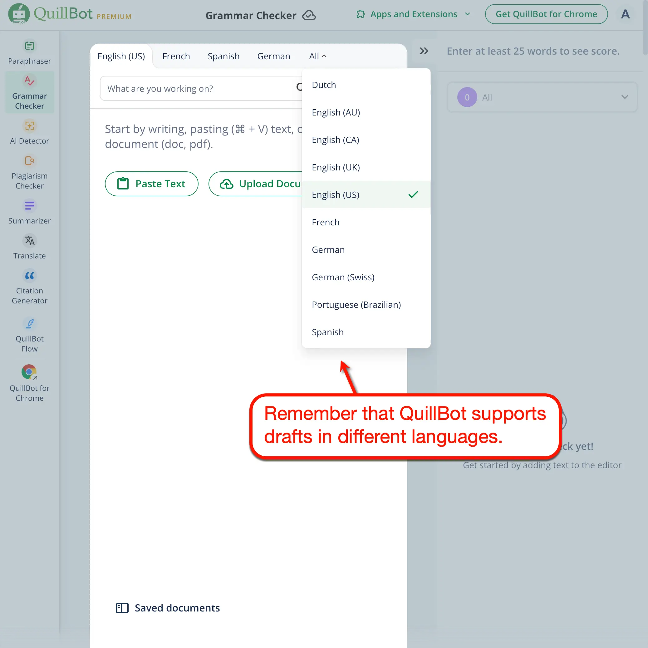 QuillBot Language Options