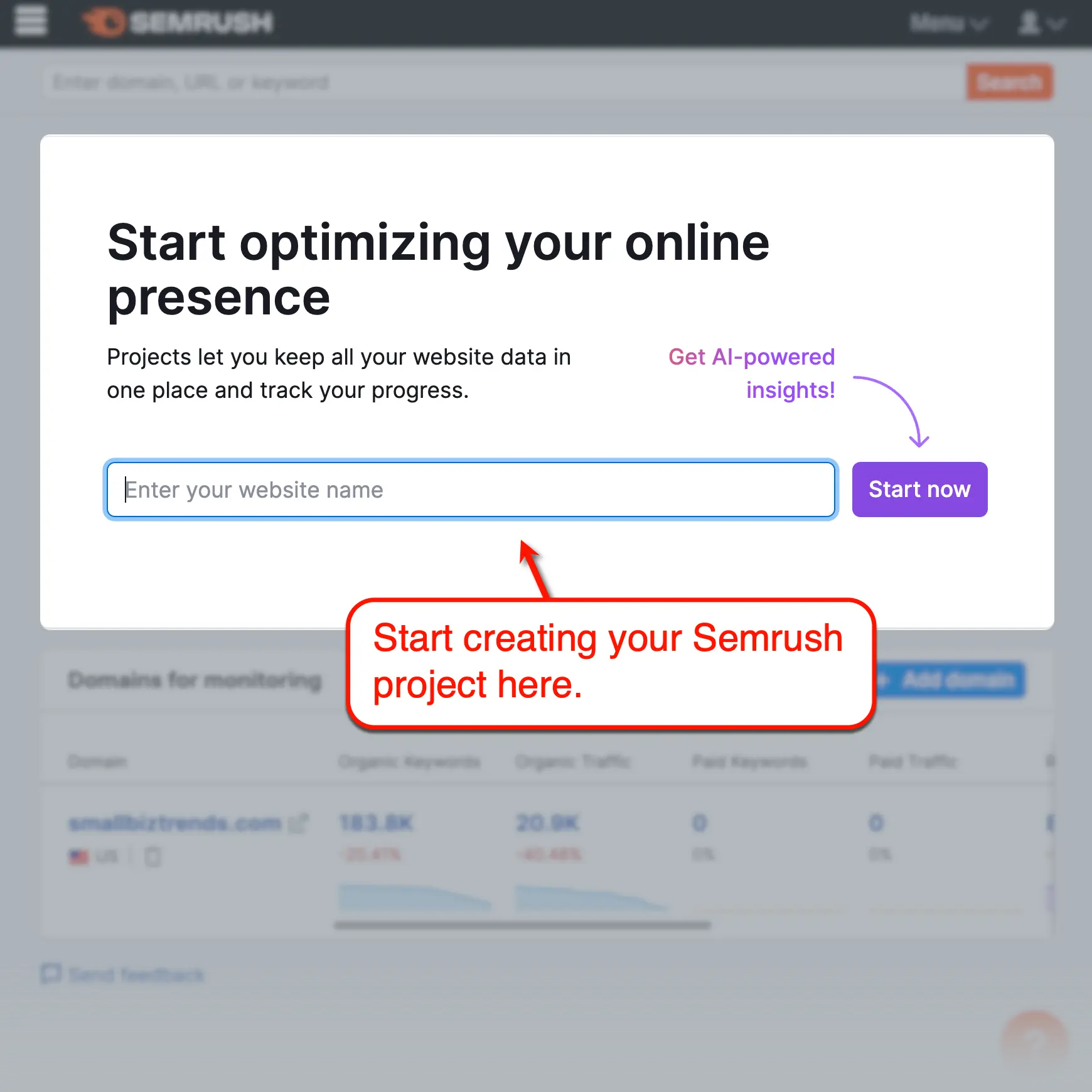 Semrush Create New Project