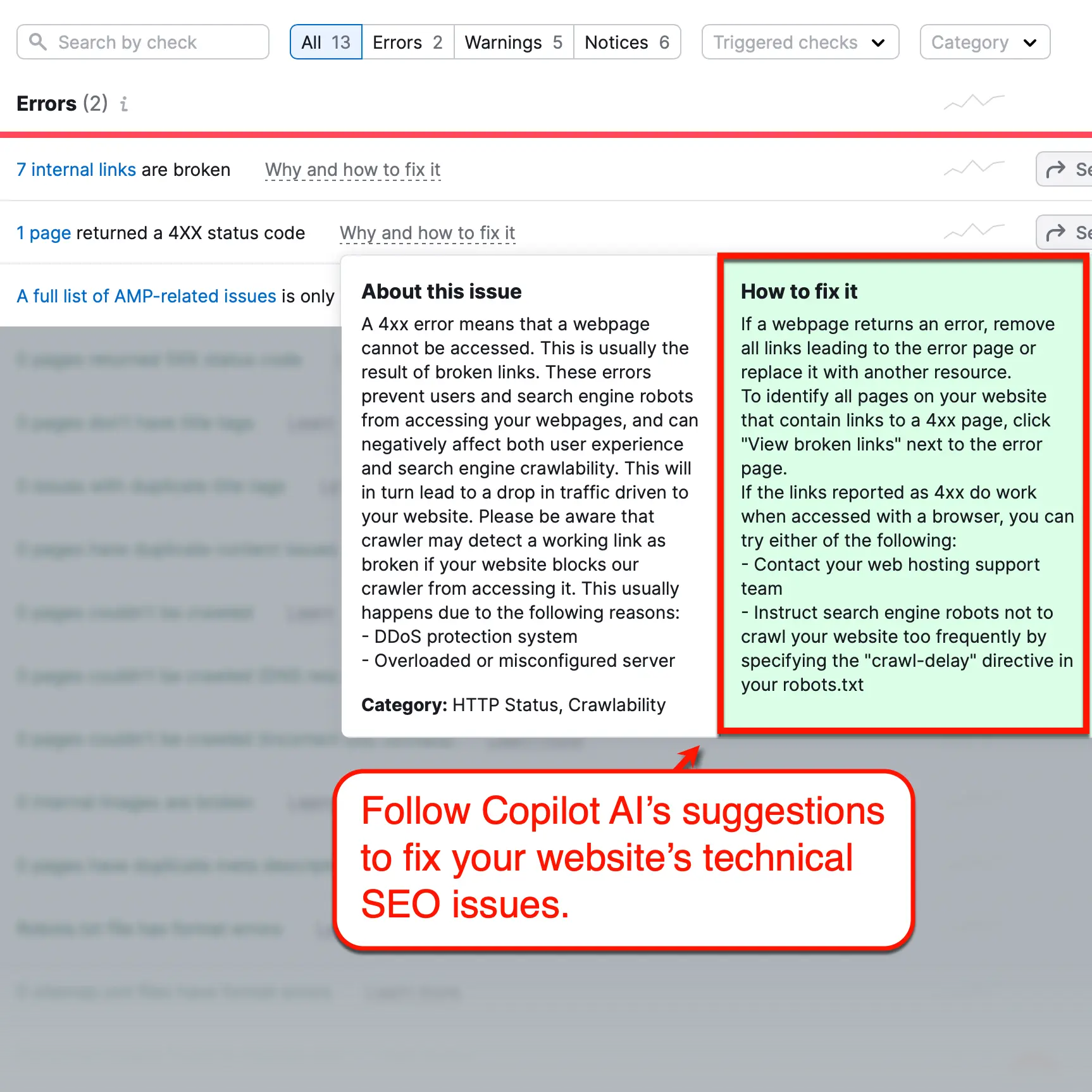Semrush Copilot AI Site Audit Results