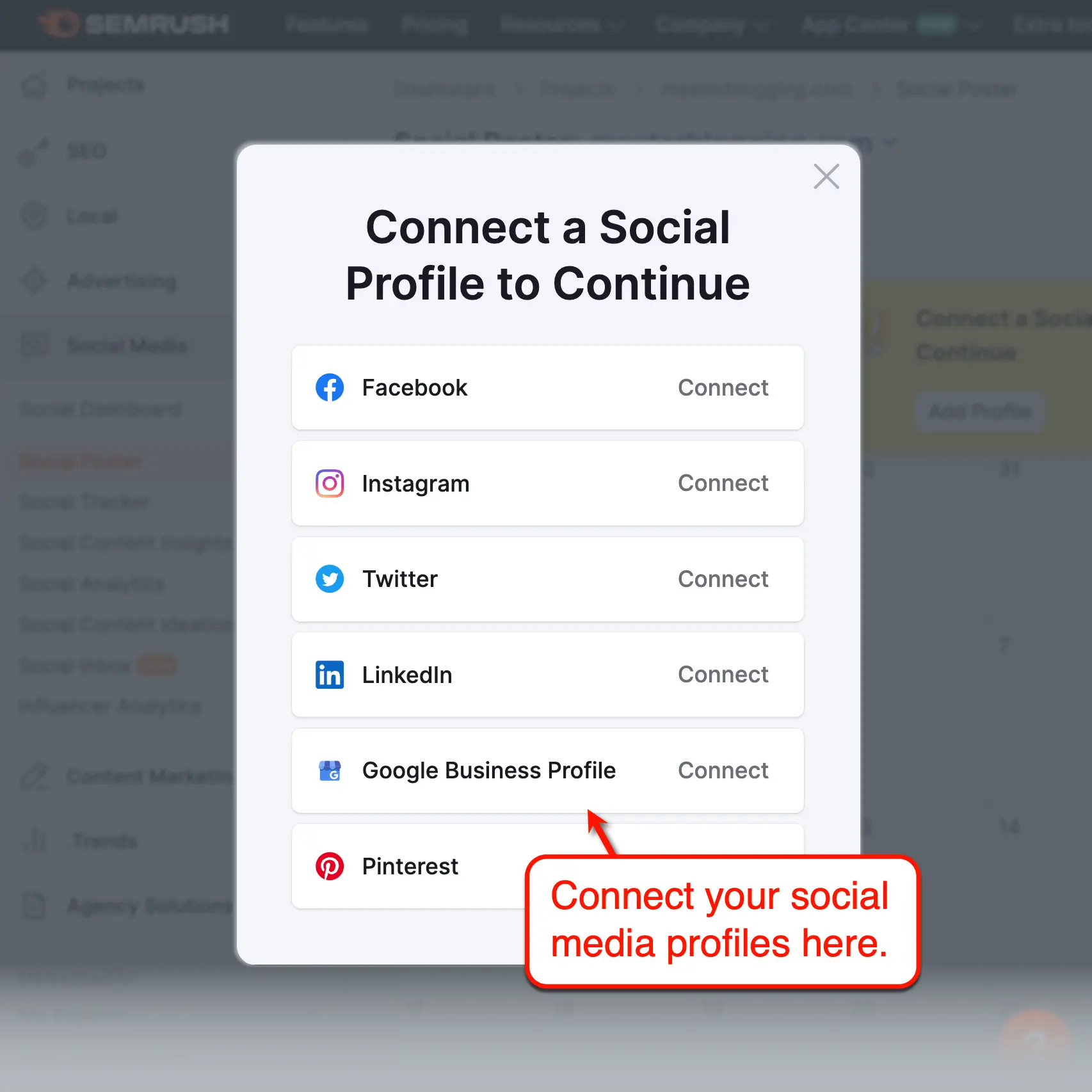 Semrush Social connecting a social profile