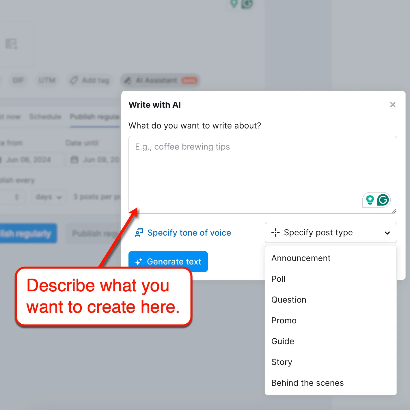Semrush Social write with AI tool